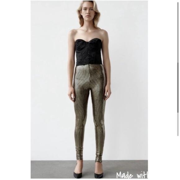 Zara Sparkly Gold Leggings Pants Size Extra Small XS - Picture 2 of 6